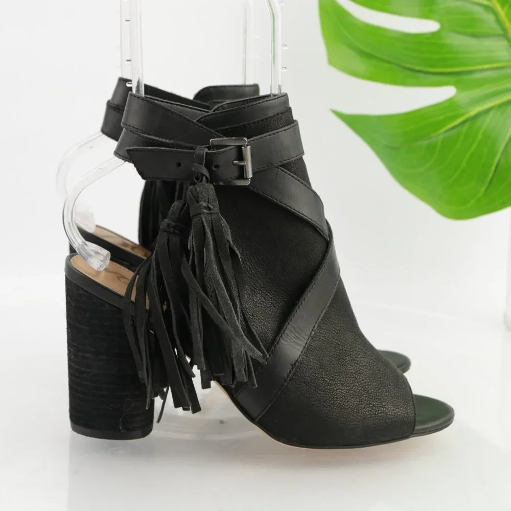 Sam Edelman Womens Vermont Sandal Size 7.5 Black Leather Ankle Strap Round Heels